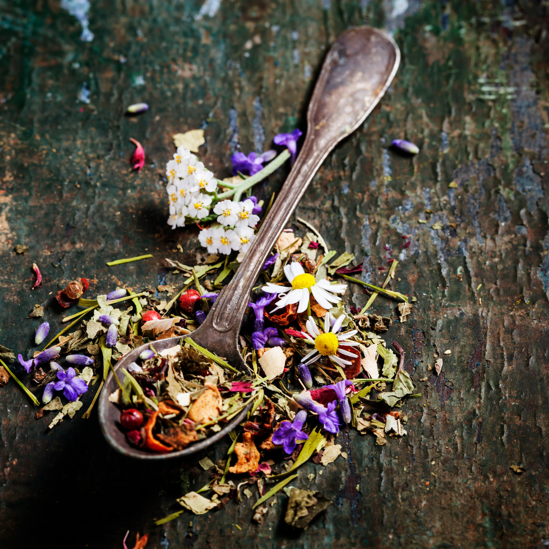 Loser Kräutertee mit Blüten auf einem Löffel